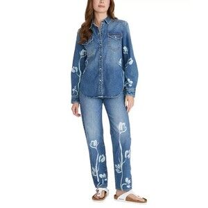Driftwood Women's Lana Denim Button Down Shirt X Phantom Flowers Blue Wash L